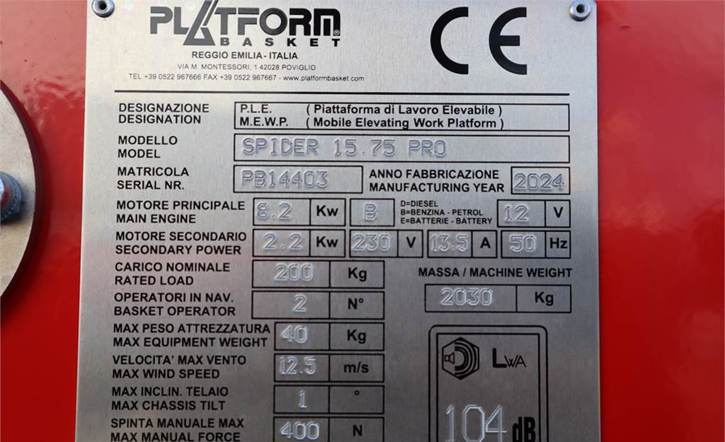 Araçüstü platform PLATFORM BAS Spider 15.75 PRO CE Declaration, Vali: fotoğraf 7