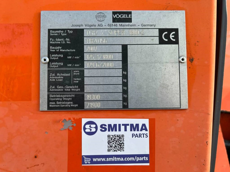 Vögele SUPER 1800-2 - Asfalt serici: fotoğraf 5 Vögele SUPER 1800-2 - Asfalt serici: fotoğraf 5