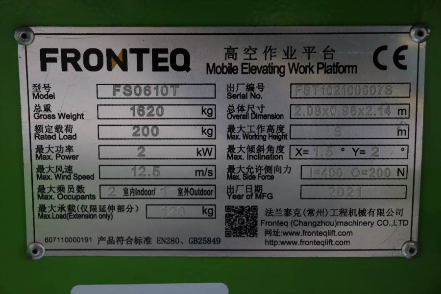 Makasli platform Fronteq FS0610T CE Declaration, 6.7m Working Heigh: fotoğraf 8