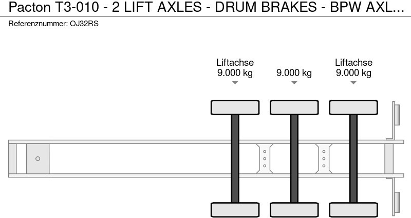 Konteynır taşıyıcı/ Yedek karoser dorse Pacton T3-010 - 2 LIFT AXLES - DRUM BRAKES - BPW AXLES - 2 x EXTENDABLE - GOOD CONDITION -: fotoğraf 15