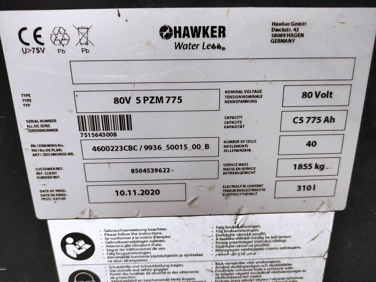 Hawker 80V     5 PZM 775 - Akümülatör - Malzeme taşıma ekipmanı: fotoğraf 2 Hawker 80V     5 PZM 775 - Akümülatör - Malzeme taşıma ekipmanı: fotoğraf 2