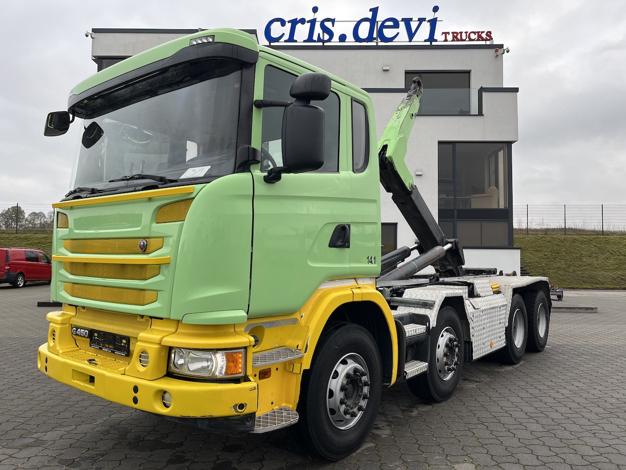 Scania G 450 8x4 Trösch Abrollkipper - Kancalı yükleyici kamyon: fotoğraf 1 Scania G 450 8x4 Trösch Abrollkipper - Kancalı yükleyici kamyon: fotoğraf 1
