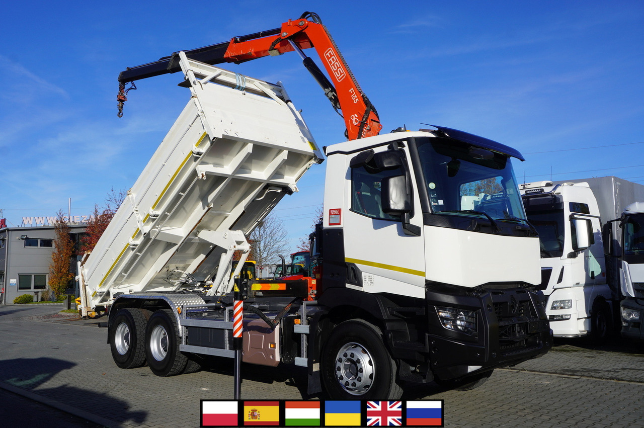 RENAULT C380 E6 6×4 / HDS Fassi F135 2700 MTH / Range 8 m / 5.6 t lifting capacity / 3-side tipper / Bortmatic - Vinçli kamyon: fotoğraf 1 RENAULT C380 E6 6×4 / HDS Fassi F135 2700 MTH / Range 8 m / 5.6 t lifting capacity / 3-side tipper / Bortmatic - Vinçli kamyon: fotoğraf 1