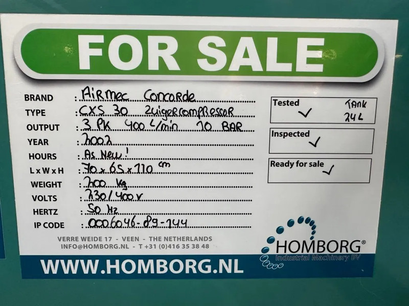 Hava kompresörü Airmec Concorde CXS 30 Elektrische Zuigercompressor 3 PK 400 L / min 10 Bar Silent As New !: fotoğraf 10