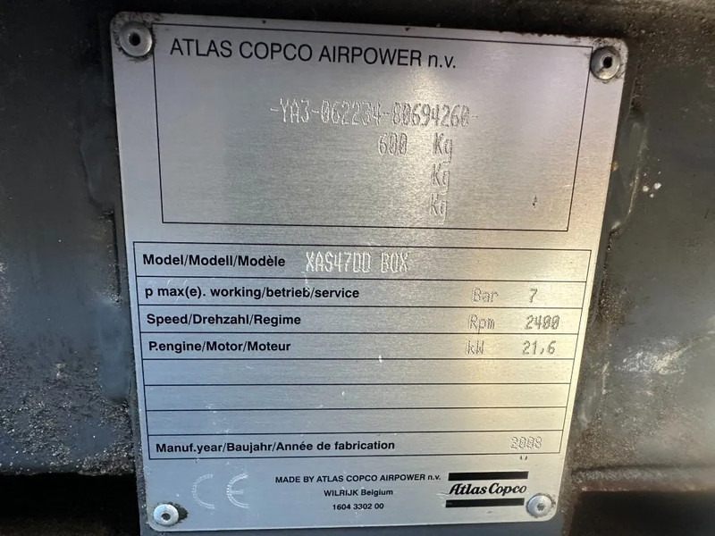Atlas-Copco XAS 47 DD Deutz 2.6 m3 / min 7 Bar 21 kW Mobiele Diesel Compressor op aanhanger - Hava kompresörü: fotoğraf 4 Atlas-Copco XAS 47 DD Deutz 2.6 m3 / min 7 Bar 21 kW Mobiele Diesel Compressor op aanhanger - Hava kompresörü: fotoğraf 4
