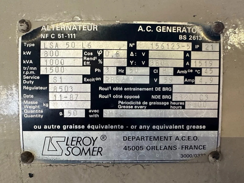 Leroy Somer LSA 50 L6 Generatordeel 1000 kVA Alternator ex Emergency As New ! - Elektrikli jeneratör: fotoğraf 3 Leroy Somer LSA 50 L6 Generatordeel 1000 kVA Alternator ex Emergency As New ! - Elektrikli jeneratör: fotoğraf 3